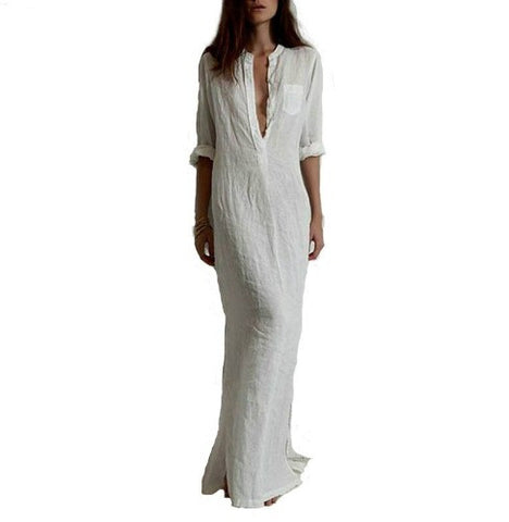Long Sleeve Deep V Neck Linen Split Solid Long Maxi Dress
