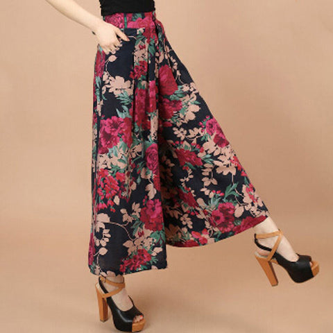 Print Flower Pattern Wide Leg Loose Linen Dress Pants