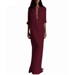 Long Sleeve Deep V Neck Linen Split Solid Long Maxi Dress