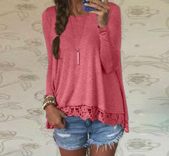Long Sleeve O-Neck Casual Tops Sexy Lace Crochet