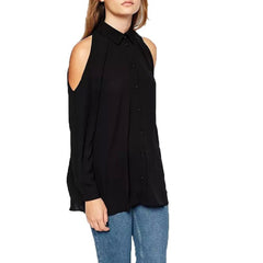 Turn Down Collar Long Sleeve Off Shoulder Long Chiffon Blouse