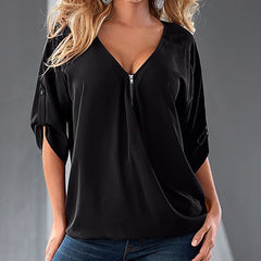 Sexy V Neck ZIpper Half Sleeve Shirt Loose
