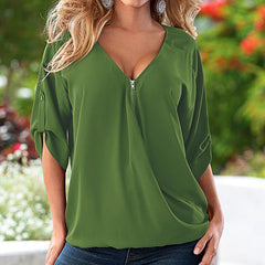 Sexy V Neck ZIpper Half Sleeve Shirt Loose
