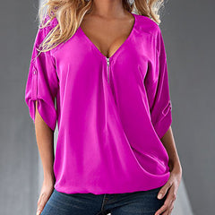 Sexy V Neck ZIpper Half Sleeve Shirt Loose