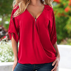 Sexy V Neck ZIpper Half Sleeve Shirt Loose