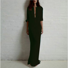 Long Sleeve Deep V Neck Linen Split Solid Long Maxi Dress