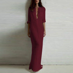 Long Sleeve Deep V Neck Linen Split Solid Long Maxi Dress