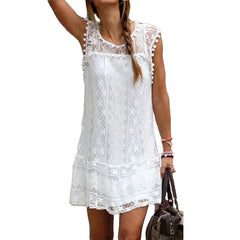 Short Tassel Solid White Mini Lace Dress