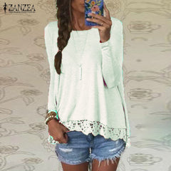 Long Sleeve O-Neck Casual Tops Sexy Lace Crochet