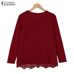 Long Sleeve O-Neck Casual Tops Sexy Lace Crochet