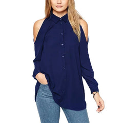 Turn Down Collar Long Sleeve Off Shoulder Long Chiffon Blouse
