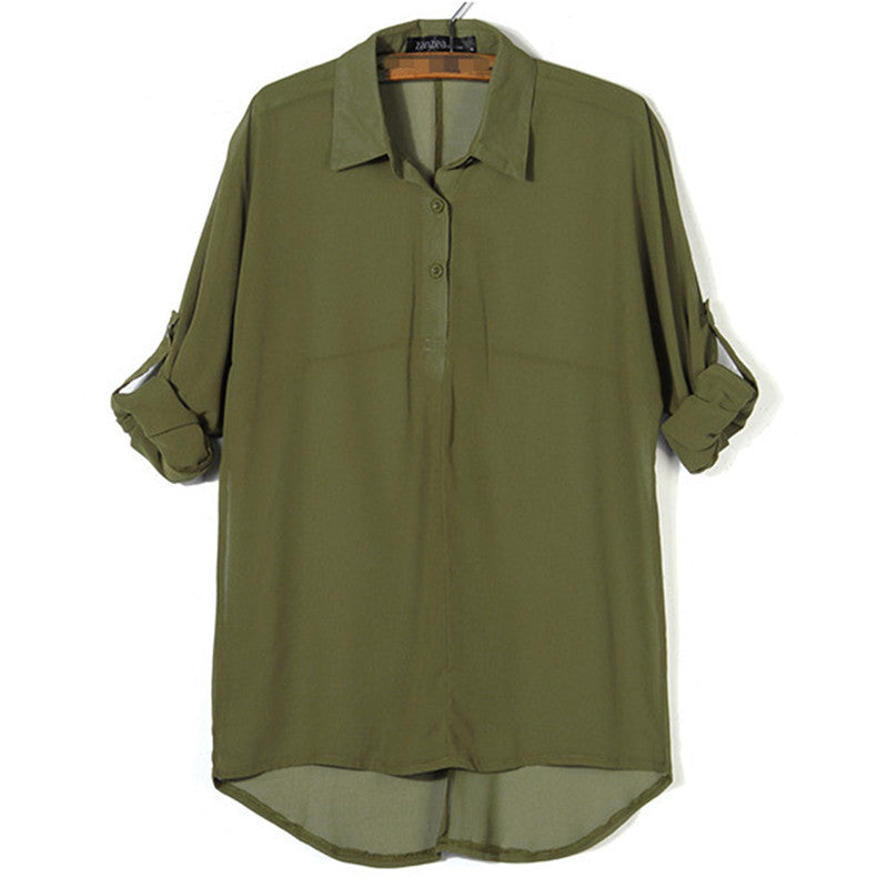 Long Batwing Sleeve Chiffon Shirts Turn-down Collar