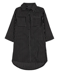 Women Lapel 3/4 Sleeve Striped Long Blouse