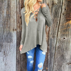 Sexy V Neck Bandage Asymmetric Hooded Blouse