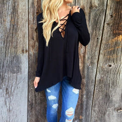 Sexy V Neck Bandage Asymmetric Hooded Blouse