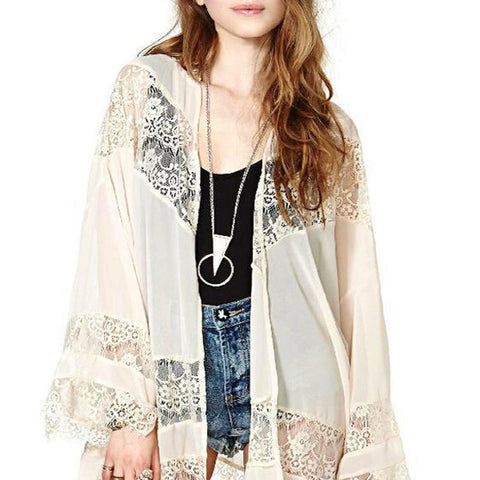 Vintage Boho Kimono Cardigan Lace Crochet Chiffon Loose Blouse