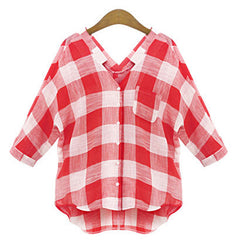 Red Plaid Elegant Big Square Patchwork Deep V Neck Shirt