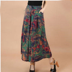 Print Flower Pattern Wide Leg Loose Linen Dress Pants