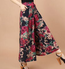 Print Flower Pattern Wide Leg Loose Linen Dress Pants