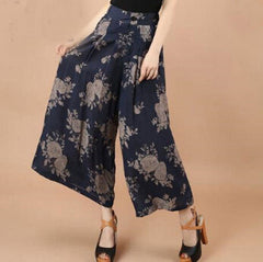 Print Flower Pattern Wide Leg Loose Linen Dress Pants