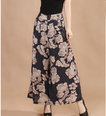 Print Flower Pattern Wide Leg Loose Linen Dress Pants