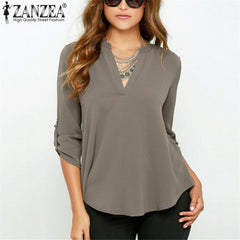 V Neck Chiffon Blouse Fold Long Sleeve Casual
