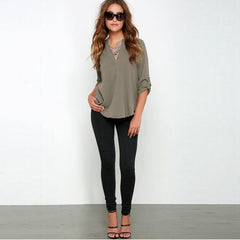 V Neck Chiffon Blouse Fold Long Sleeve Casual