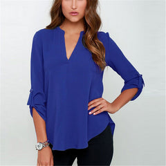 V Neck Chiffon Blouse Fold Long Sleeve Casual
