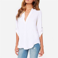V Neck Chiffon Blouse Fold Long Sleeve Casual