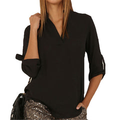 V Neck Chiffon Blouse Fold Long Sleeve Casual