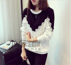 Loose Long Sleeve Lace Joint Blocking Shirts Sweatshirt