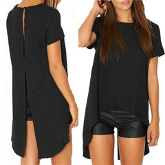 Chiffon Split Backless Short Sleeve Loose Irregular Hem Tops