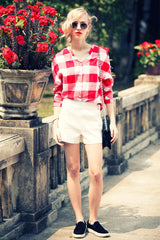 Red Plaid Elegant Big Square Patchwork Deep V Neck Shirt