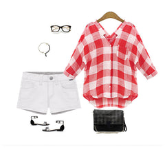 Red Plaid Elegant Big Square Patchwork Deep V Neck Shirt