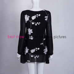 Long Sleeve Women Chiffon Blouse White Lace