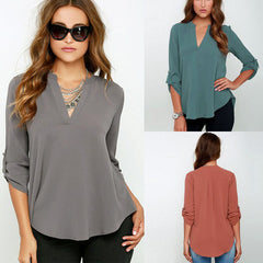 V Neck Chiffon Blouse Fold Long Sleeve Casual