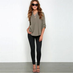 V Neck Chiffon Blouse Fold Long Sleeve Casual