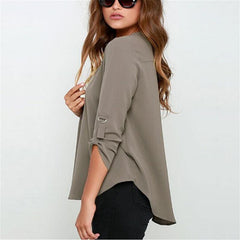 V Neck Chiffon Blouse Fold Long Sleeve Casual