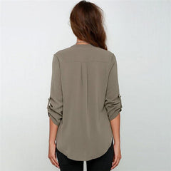 V Neck Chiffon Blouse Fold Long Sleeve Casual