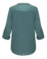 V Neck Chiffon Blouse Fold Long Sleeve Casual