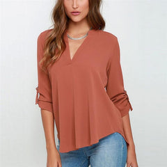 V Neck Chiffon Blouse Fold Long Sleeve Casual