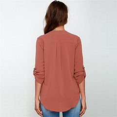 V Neck Chiffon Blouse Fold Long Sleeve Casual