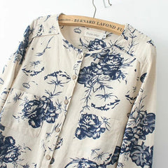 Long Sleeve Cotton Linen Tops Fashion Lotus Pattern Print