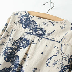 Long Sleeve Cotton Linen Tops Fashion Lotus Pattern Print