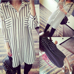 Women Lapel 3/4 Sleeve Striped Long Blouse