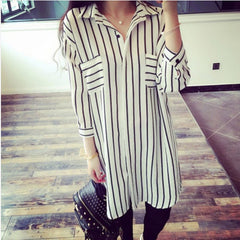 Women Lapel 3/4 Sleeve Striped Long Blouse