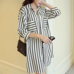 Women Lapel 3/4 Sleeve Striped Long Blouse