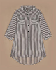 Women Lapel 3/4 Sleeve Striped Long Blouse