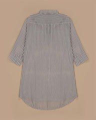 Women Lapel 3/4 Sleeve Striped Long Blouse