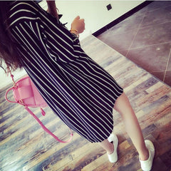 Women Lapel 3/4 Sleeve Striped Long Blouse